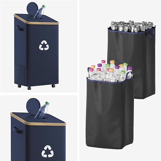26-Gallon Kitchen Recycling Bin with Lid, Locking Wheels, Dark Blue | 100L capacity, two reusable inner bags, sorting stickers for bottles, cans, glass and plastic