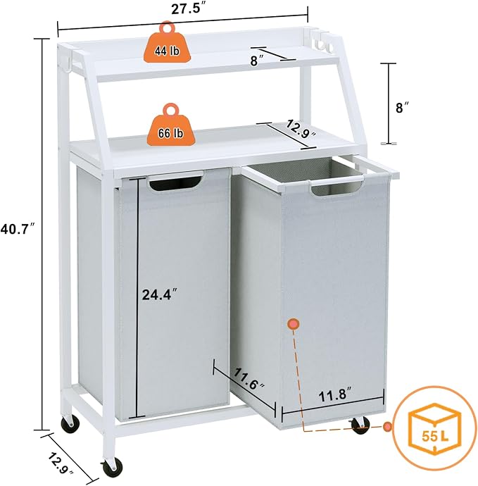 Laundry Hamper, Laundry Sorter 2 Section, Rolling Laundry Basket with Wheels, 2 Shelves, 2 × 14.5 Gal, Pull-Out and Removable Oxford Fabric Bags, for Laundry Room, White and Grey