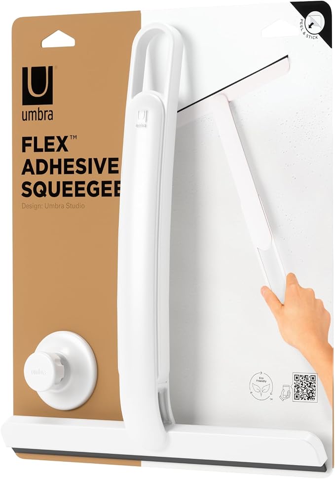 Umbra Flex Adhesive Shower Squeegee, Extendable Handle, 16-Inch, White | Rust-proof silicone blade, non-damaging wall installation, fits tiles and drywall, streak-free results, recycled plastic