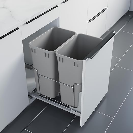 Dowell B18 Aluminum Base Wastebasket Pullout with Door Mount and Two 35Qt/9Gal Plastic Bins (4012 0218+35x2)