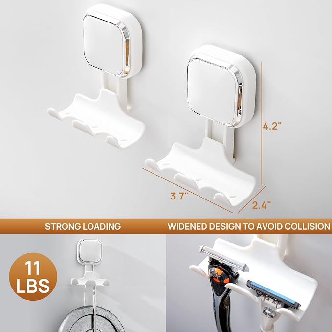 LEVERLOC 2 Pack Vacuum Suction Cup Razor Holder for Shower No Drill, White | Heavy Duty 11KG Shower Hooks for Towel, Loofah, Razor, Waterproof, Damage-Free Hanging Suction Cup, Easy to Install and Reuse