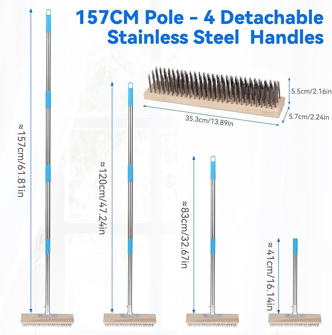 Heavy Duty Wire Broom with 70.8" Telescopic Handle: Stainless Steel Outdoor Broom for Cleaning Moss Concrete Floors Grout Gardens Patio Deck Concrete Garage (Style 2)
