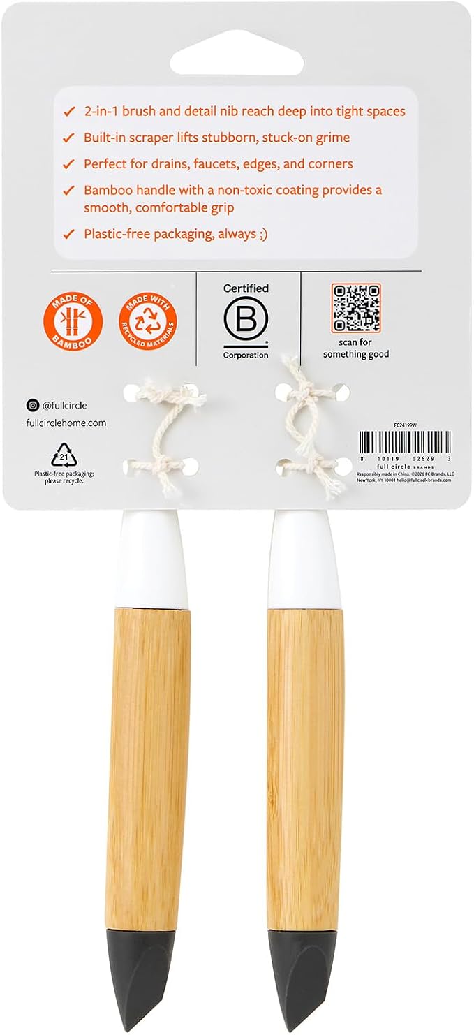 Full Circle The Every-Crevice Detail Brush, Deep Cleaning Brush for Crevices, Shower, & Grout, Tough Bristles, Sustainable Bamboo Handle, 2-Pack | Tough bristles & a sustainable bamboo handle make deep cleaning crevices and showers easy.