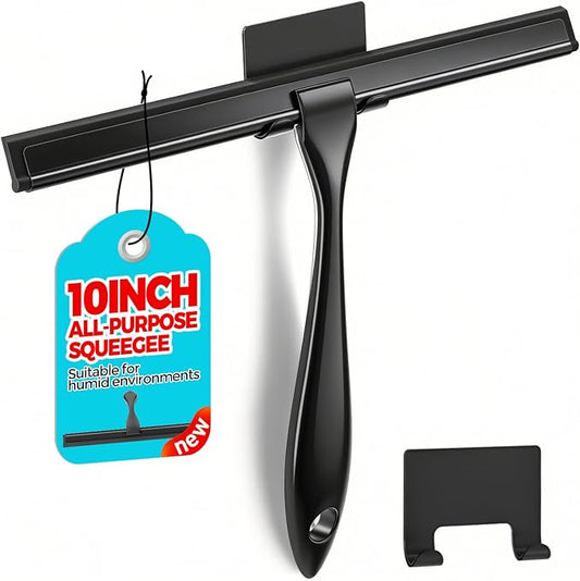 Shower Squeegee for Glass Doors, Tile Walls, Mirrors and Windshields | 10" Black, Bathroom Accessories, Window Cleaner, New Home Essentials, Silicone Blade, Metal Handle, Adhesive Hook