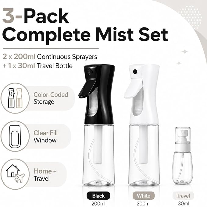 3 Pack Spray Bottles, Continuous Mist Sprayer, Water Spray Bottle for Hair, Hair Mister, 200ml x2 + 30ml Refillable Fine Mist Set - for Styling, Plants, Cleaning & Home Use (Black & White)