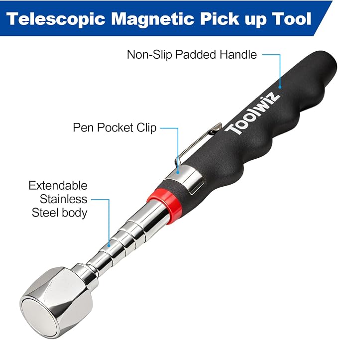 Toolwiz 15" Rolling Magnetic Sweeper with Telescopic Magnetic Pick Up Tool | 10lbs Capacity Sweeper, 16lb Magnetic Pick Up Tool, Lightweight with Wheels, For Nails, Screws & Metal Debris