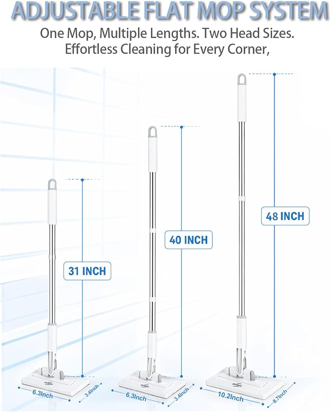 Pawnexa Mop,Clamp Mop,Hands Free Multi Purpose Flat Mops with Squeegee,Snap Grip Mini Mops Use Any Cloth,Zero Touch Dirty Cloth Release,for Whole House Cleaning(31”Handle,6 Cloths)