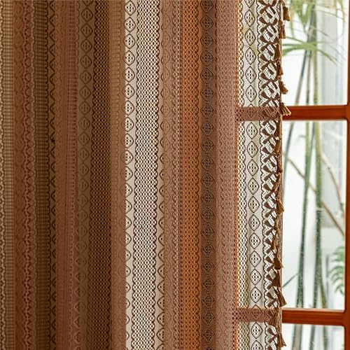 Sutuo Home Dark Coffee Lace Boho Curtains for Kitchen Nursery, Crochet Semi Sheer Macrame Bohemian Cottage Farmhouse Fringes Vintage Chic Window Treatment Drapes, Rod Pocket 1 Panel 59" W x 63" L
