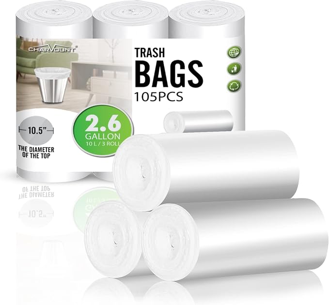 Charmount Small Trash Can Liners, Garbage Bags for Bathroom, Kitchen, Office, Bedroom, 2.6 Gallon, Unscented,105 Counts (White) … (Pack of 2)
