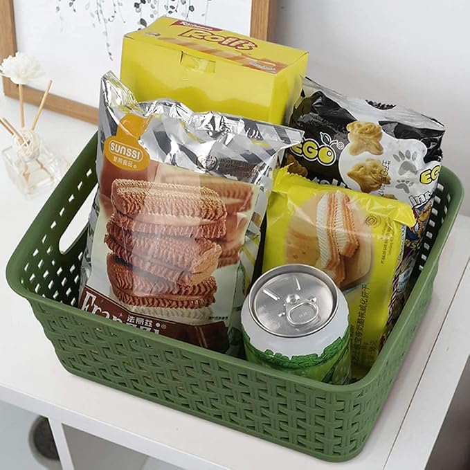 Plastic Woven Storage Baskets, Rectangle Kitchen Organizer Bin, 6 Packs