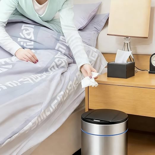 Garbage Can with Lid, Intelligent Sensor Opening (1, Silver) | Smart Trash Can for Living Room, Bedroom, Kitchen and Bathroom