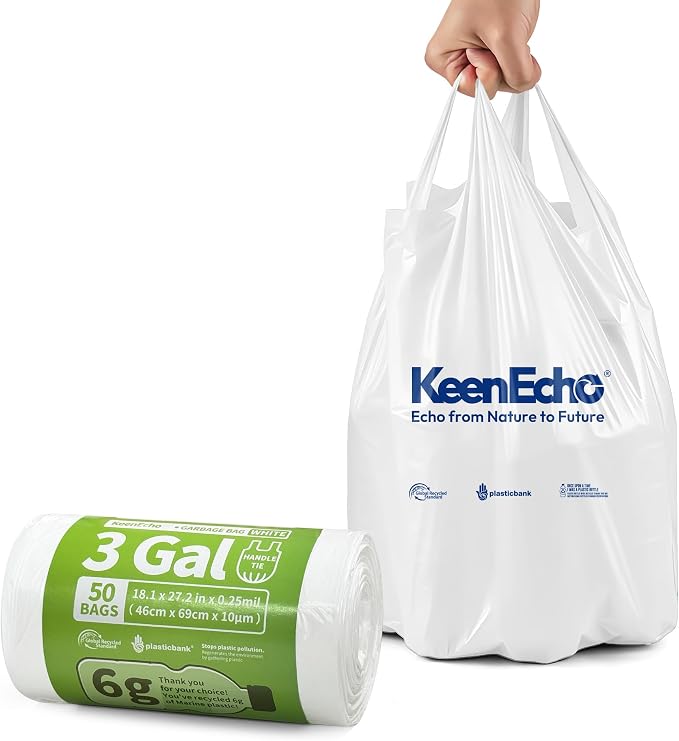 Small Trash Bags with Handles - Ocean Plastic Upcycling - Plastic Garbage Bags, Can Bin & Waste Basket Liner for Kitchen, Bathroom, Office and Pets,3 Gallon 50 Count White