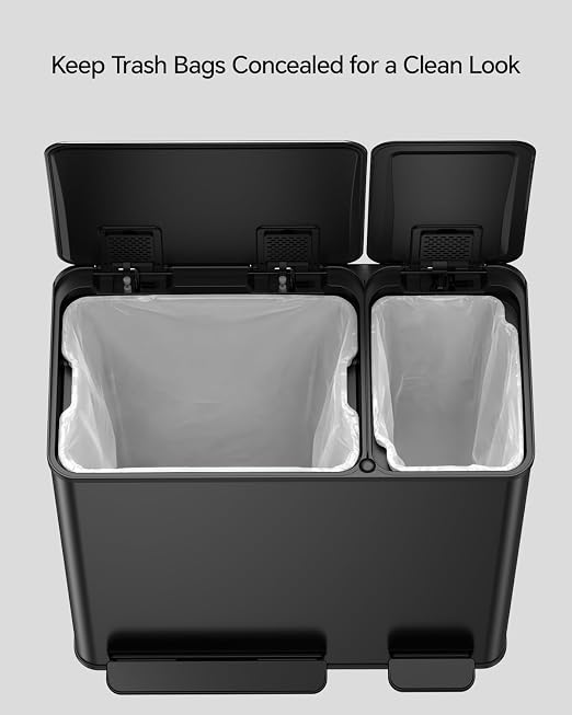 Dual Trash and Recycling Bins for Kitchen, 13+6 Gal Dual Trash Can, Black | 90 Trash Bags, Stainless Steel Garbage and Recycle Bin Combo for Large Families,Soft Close Lid & 2 Magnetic Stickers