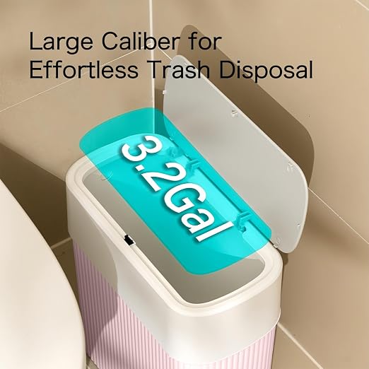 Bathroom Trash Can with Lid, 12L Small Plastic Garbage Can for Kitchen with Press Top Lid, 3.2 Gallon Slim Dog Proof Wastebasket Trash Bin for Office, Bedroom, Living Room, Home Cabinet-Pink