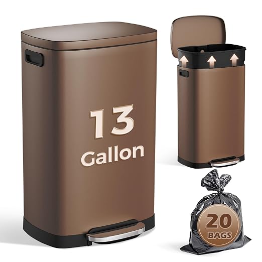 ELPHECO Kitchen Trash Can with Lid 13 Gal Stainless Steel Pedal Garbage Can | Soft Close Lid, Pedal, Heavy-Duty Fingerprint Proof Step Wastebasket with 20 Bags, Removable Bucket, Home Office, Brown