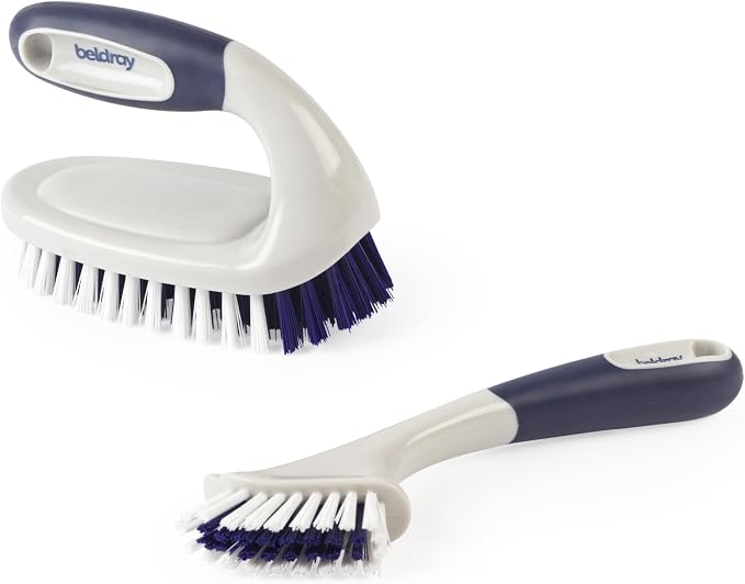 Beldray Deep Clean Grout And Scrub Brush Set, 2 Piece | Large Scrub Brush, Slim Grout Brush, Integrated Scraper, Stiff Bristles, Non-Slip Rubber Handles, Tile Use
