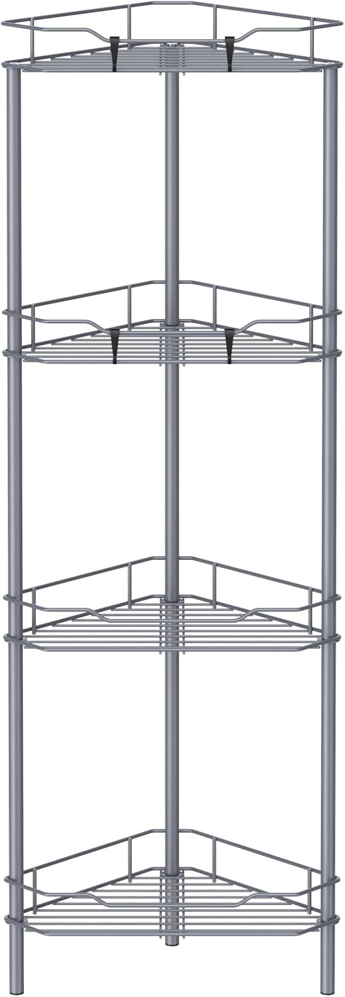 HuggieGems Metal Floor Standing Corner Shower Caddy, Dark Gray, 4 Tier | Adhesive Bathroom Organizer Shelves, Free Standing Shower Rack with Hooks, Hold Large Shampoo Bottles