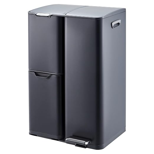 TrailBlaze Triple Compartment Stainless Steel Trash & Recycling Bin Combo – 16 Gallon, Removable Inner Buckets, Collapsible Foot Pedal – Kitchen, Home, Office, Indoor Use