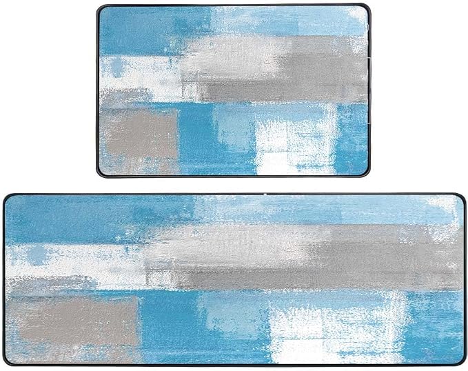 TOMWISH Kitchen Rugs Grey and Blue Abstract Art Set of 2 Floor Comfort Mats | Non Slip Washable Kitchen Sink Rug Farmhouse Kitchen Floor Mats Comfort Standing Mat for Laundry 20"X48"+20"X30"