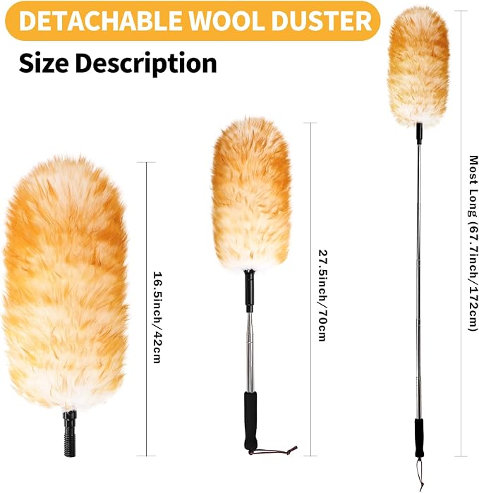 Extendable Cleaning Duster,66.9Inch Telescoping Feather Dusters with Stainless Steel Extension Pole for Cleaning High Ceiling Fan, High Ceilings,Furniture