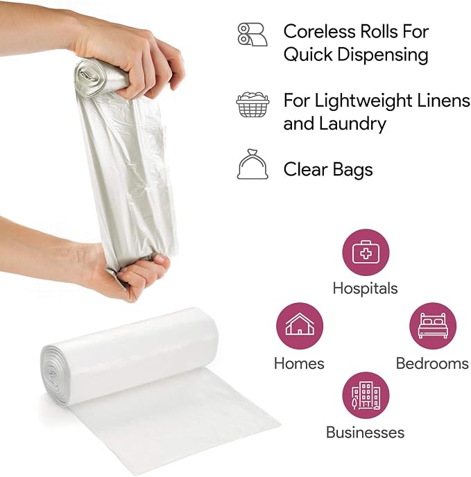 20-30 Gallon Clear Garbage Can Liners, 50 Count - Medium - Large Trash Can Liners - High Density, Thin, Lightweight, 10 Microns - For Office, Home, Hospital, Wastebaskets - 2 Coreless Rolls