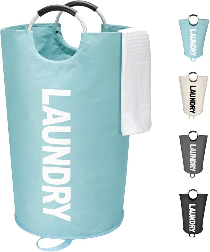 Maxsilan 125L X-Large Laundry Basket Bag, Collapsible Hamper, Light Blue | Freestanding tall laundry bag & foldable washing basket. Large capacity clothes storage bin with durable sturdy handles