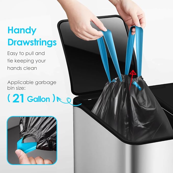 21 Gallon 120 Counts Strong Drawstring Trash Bags Garbage Bags by Teivio,Fit 20 Gal Bathroom Trash Can Bin Liners, Plastic Bags for home office kitchen, Black