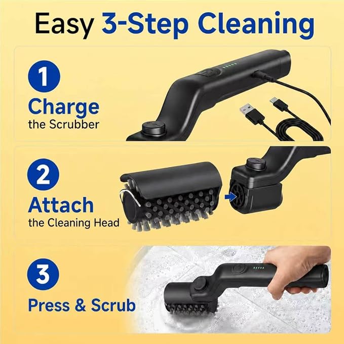 Electric Grill Brush, Spin Cordless Electric Barbecue Brush Grill -Black | 2026 USB Grill Electric Brush with Bristle & Scouring Roller Heads, 150Mins Runtime, 3 Speeds, IPX7 for Grates, Stovetop
