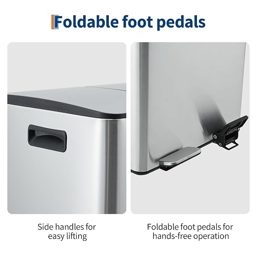 Dual Compartment Trash Can 60L (2x30L), Stainless Steel Recycling Bin with Removable Buckets, Soft Close Odor-Sealing Lid, Collapsible Pedal, Fingerprint Resistant for Home Kitchen or Office