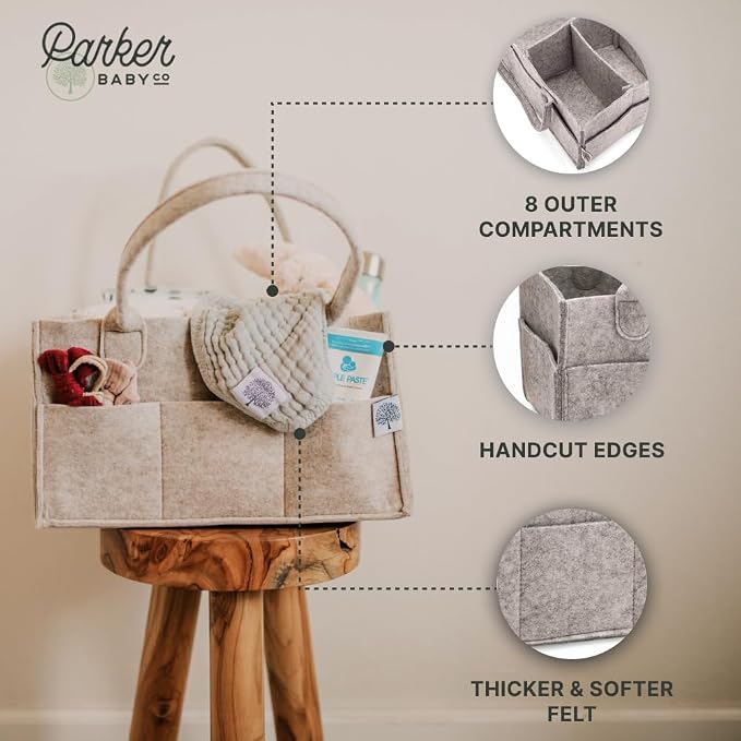 Parker Baby Co. Felt Diaper Caddy Organizer - Large, White | Portable nursery storage bin for diapers, wipes, bottles & baby essentials for home/car. Soft felt, foldable design 13x9x7"