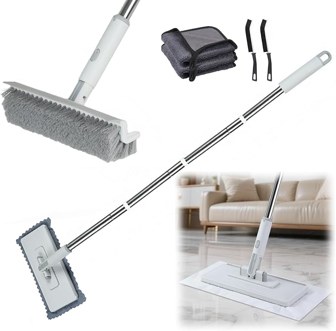 4 in 1 Snap Grip Mini Mop with Squeegee, Floor Scrub Brush with Long Handle | Click Mop, 2 Shiny Towels Wipes Cleaning Cloths, 2 Crevice Brush, Snap Grip Mop for Windows Car Glass Floor Shower Bathroom