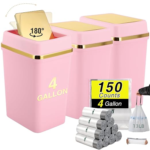 3 Pack Bathroom Trash Can with Lid 4 Gallon Pink Small Trash Can with Swing Lid Bathroom Garbage Can with 150 Counts Trash Bags for Kitchen Bedroom Office