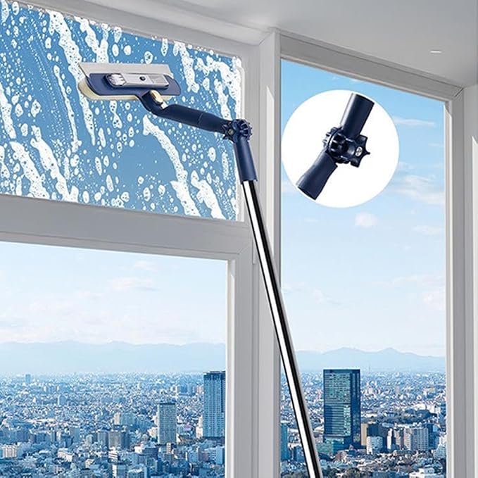 47in Window Squeegee with Extension Pole, 4-in-1 Telescopic Window Cleaner Tool with 2-Stage Telescoping Pole,Professional Window Washing Equipment with Bendable Head