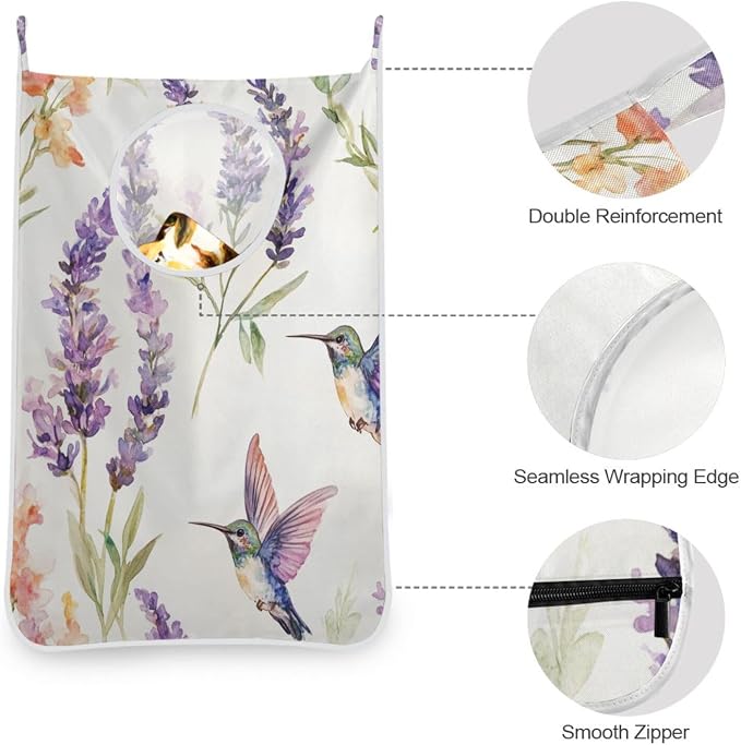 Hanging Laundry Hamper Over the Door with Stainless Steel Hooks Rack Dirty Clothes Wall Mounted Hamper Basket Bag 29.5X20inch Lavender Hummingbird