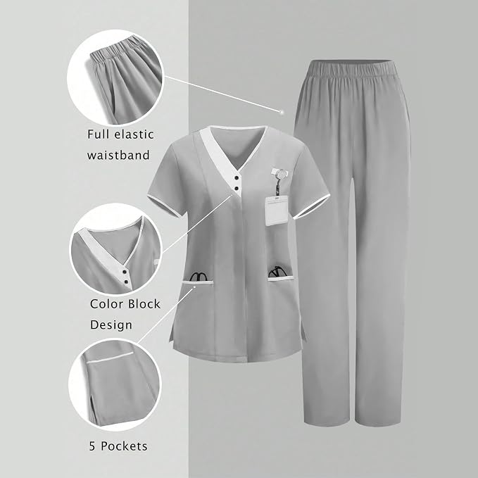 2026 Housekeeping Uniform Cleaning Uniforms - Button V Neck Top & Pants with Multi Pockets - Scrubs for Women