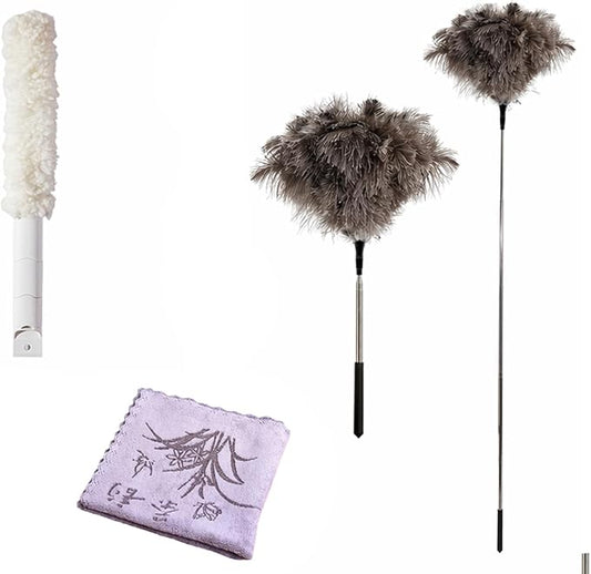 Extendable Ostrich Feather Duster Set with Blind Brush & Cleaning Cloth | Faux Ostrich Feather; 18.9–47.2In Extendable Duster for Cleaning Fan, Pendant Lamp, High Ceiling, Blinds, Furniture
