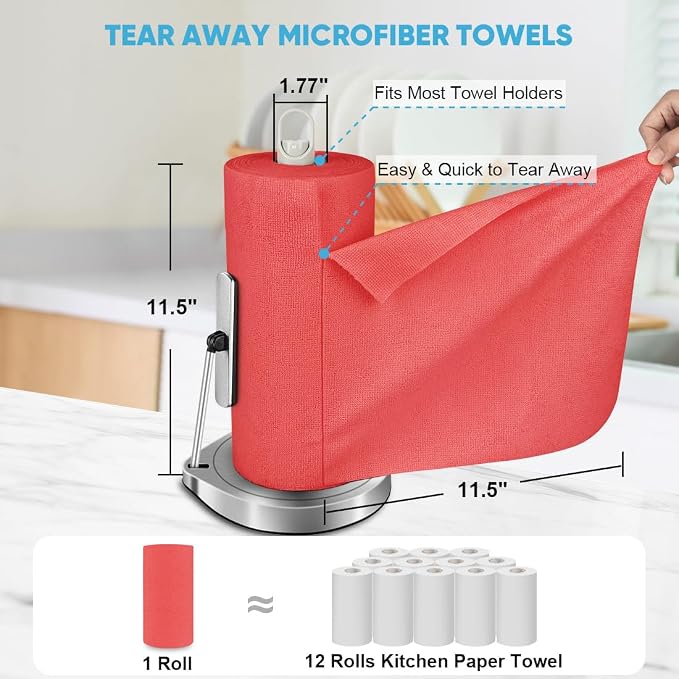 AIDEA Red Microfiber Cleaning Cloth Roll-50PK, Paper Towels 11.5"×11.5" | Reusable Tear Away Cloth, Microfiber Towels Washable Shop Rags, Lint Free Cleaning Rags for House, Kitchen, Window