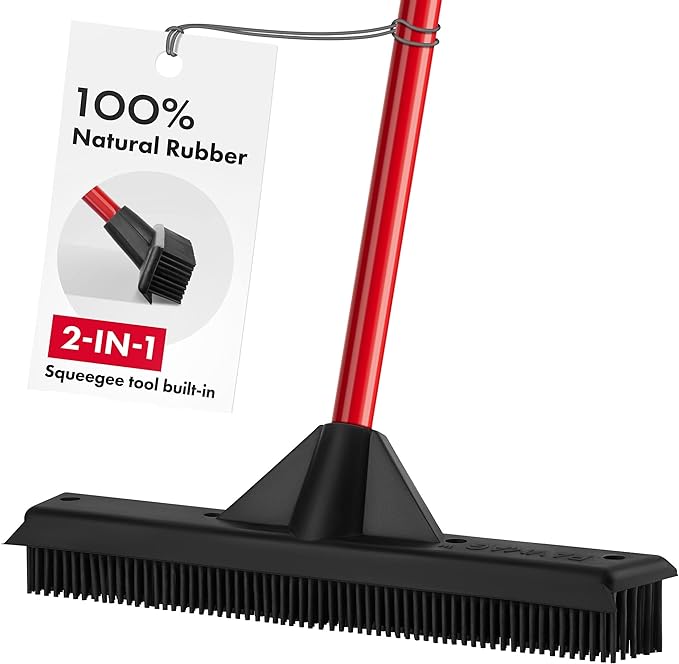 Pet Hair Remover Rubber Broom with Built in Squeegee - Carpet Rake for Pet Hair Removal on Hardwood Floor, Carpet & Tile - Picks Up More Dust & Debris - Rinse to Clean