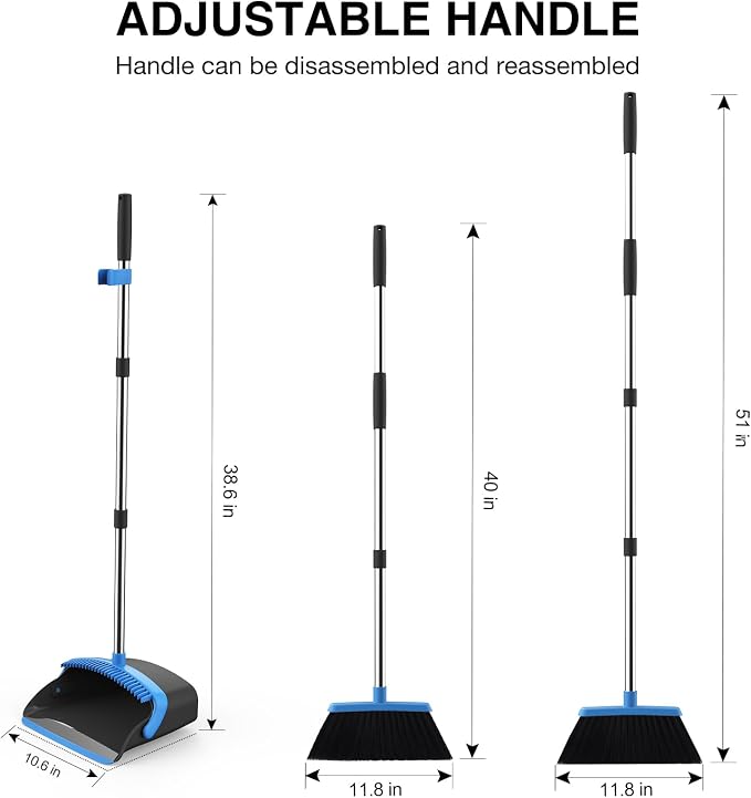NACENA Broom and Dustpan Set, 52-in Long Adjustable Handle Broom Dustpan Combo with Dustpan Teeth to Automatically Clean Hair Suitable for Home Kitchen Office Hall Floor (Black&Blue),3 Pack