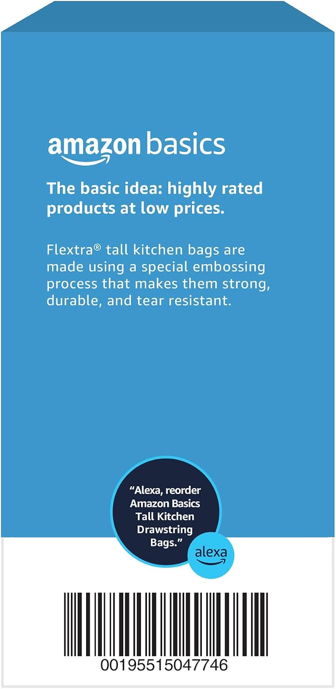 Amazon Basics 13 Gallon Tall Kitchen Drawstring Trash Bags, Flextra Strength, Tear Resistant, 10% Post Consumer Recycled, 120 Count