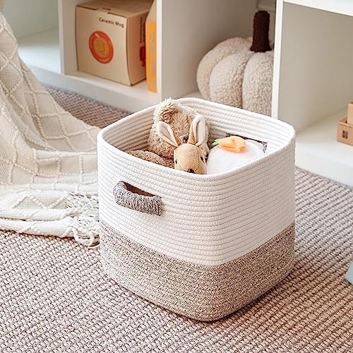 R RUNKA Storage Cube Baskets 3-Pack - 11 inch Square Baskets, Closet & Shelves Organizers - Woven & Drawer Storage - Ideal for Toys | White & Beige