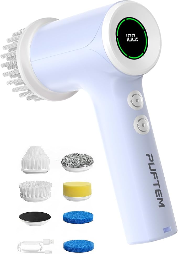 PUFTEM Electric Shower Scrubber, Cordless Bathroom Scrubber, Dual Direction | Dual Direction Cleaning, 6 Replaceable Brush Heads, IPX7 Waterproof, Kitchen, Grout, Tile, Tub, Sink and Corner Cleaning
