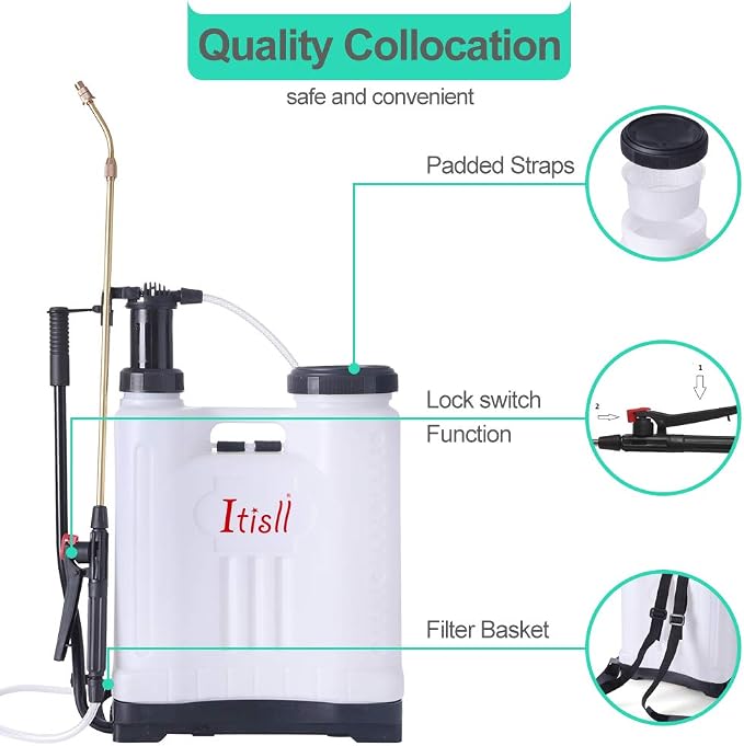 ITISLL 4 Gallon Backpack Sprayer, Leak-Free Pump Sprayer with Telescopic Brass Wand, Durable Polyethylene Wand for Garden and Lawn 15liter