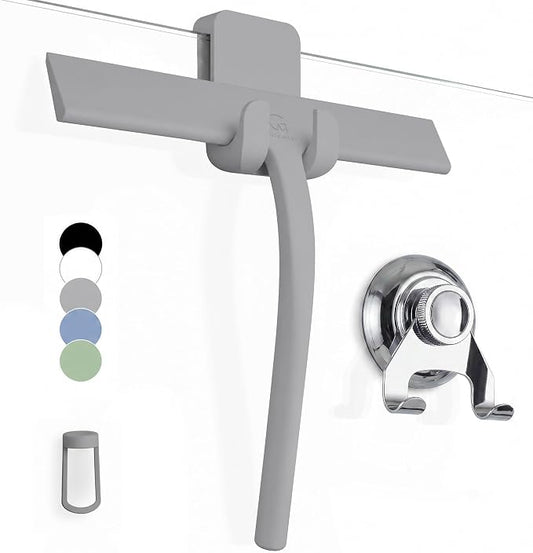 Silicone Shower Squeegee with 3-in-1 No-Drill Mount, Grey, 9'' | Squeegee for Glass Doors & Mirrors with Stainless Steel Core, Streak-Free & No-Squeak Window Cleaning, Hook/Suction/Adhesive