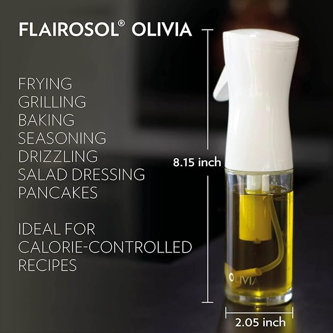 FLAIROSOL OLIVIA. The Original Advanced Oil Sprayer for Cooking, Salads, BBQs and More, Continuous Spray with Portion Control, Trusted by Chefs. Patented Technology. (Glass Bottle) (Golden Leaves) | Portion control mist for air fryer, salad, BBQ, refil...