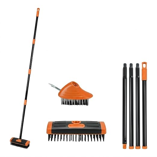 3 in 1 Floor Scrub Brush with Long Handle, Deck Weed Tool | High-carbon steel bristles and versatile heads clear patio moss, concrete stains, and driveway crevices without bending
