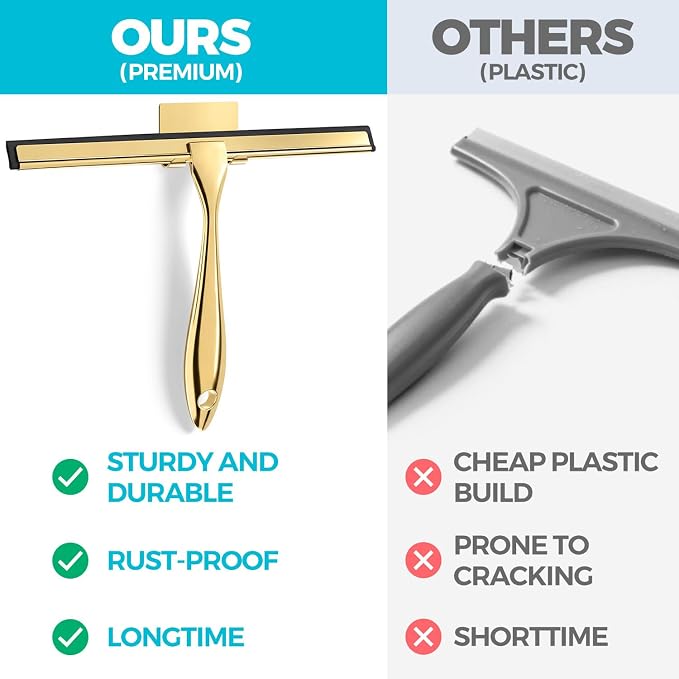 2pcs Shower Squeegee for Glass Doors with Adhesive Hanging Hook Set | 10” Gold, Bathroom Accessories, Window Cleaner, New Home Essentials, Soft Rubber Blade, Metal Handle, Ergonomic Grip