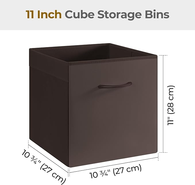 StorageWorks 11in Leather Storage Cubes, Cube Organizer Bins, Brown, 4-Pack | Reinforced Handle & Front Panel, Faux Leather Front, Non-woven Fabric, Collapsible, Space-Saving, For Closet, Bedroom, Office