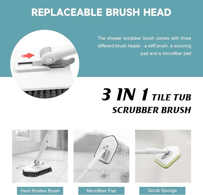 nacena Shower Scrubber with Long Handle, 4 in 1 Tile Tub Scrubber Brush with 3 Detachable Cleaning Shower Heads and Floor Squeegee Shower Cleaner Brush for Bathroom Kitchen Tub Sink Floor, Grey White