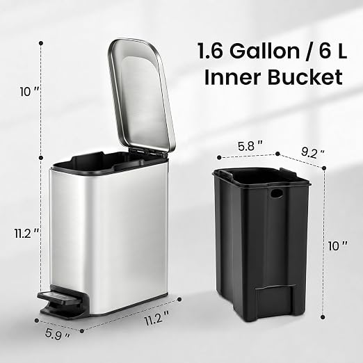 TIPGO Small Bathroom Trash Can with Lid, 1.6 Gal, Soft Close, Silver | Foot Pedal, Soft Quiet Lid, 5.9'' Slim for Narrow Space, Stainless Steel, Anti-fingerprint, Removable Inner Bucket, Odor Seal